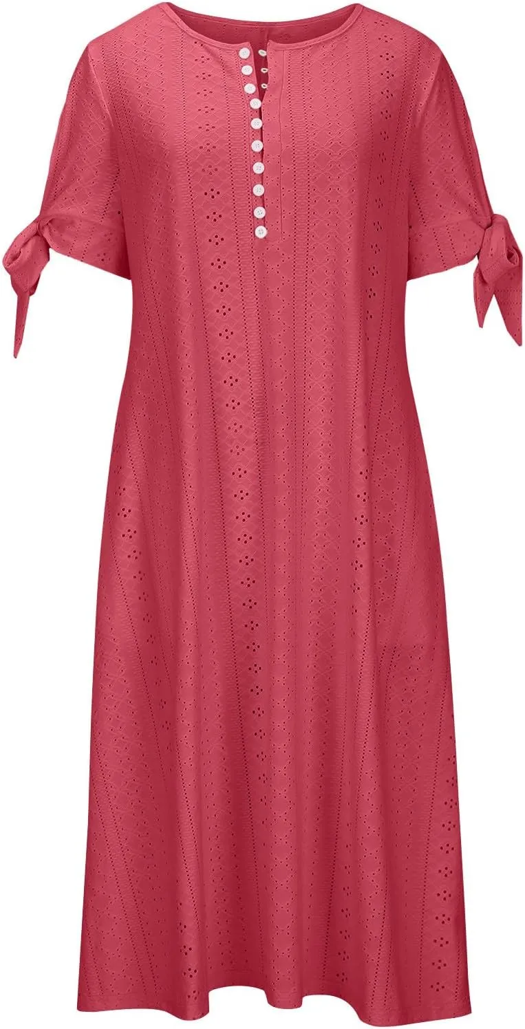 Summer Dresses for Women 2025 Eyelet Tshirt Dress Casual Beach Vacation Sundress V Neck Maxi Dress