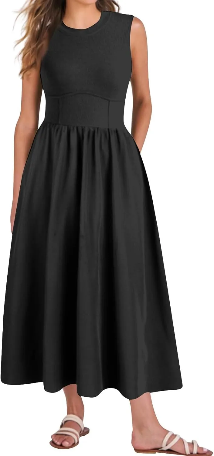 Summer Dresses for Women Sleeveless Crewneck Beach Vacation Maxi Sundresses Casual Loose Tank Dress 2025