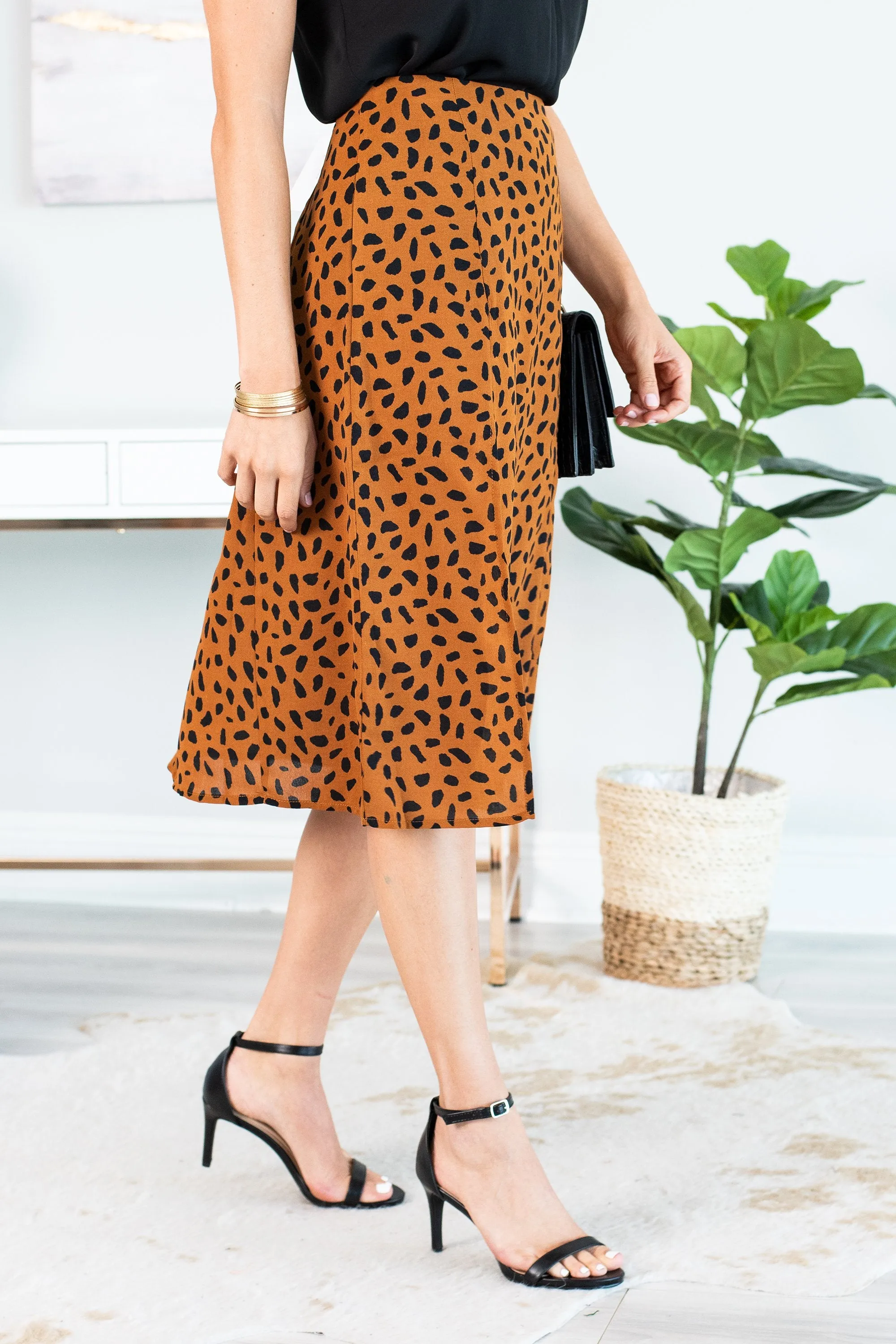 Told You Camel Brown Cheetah Midi Skirt