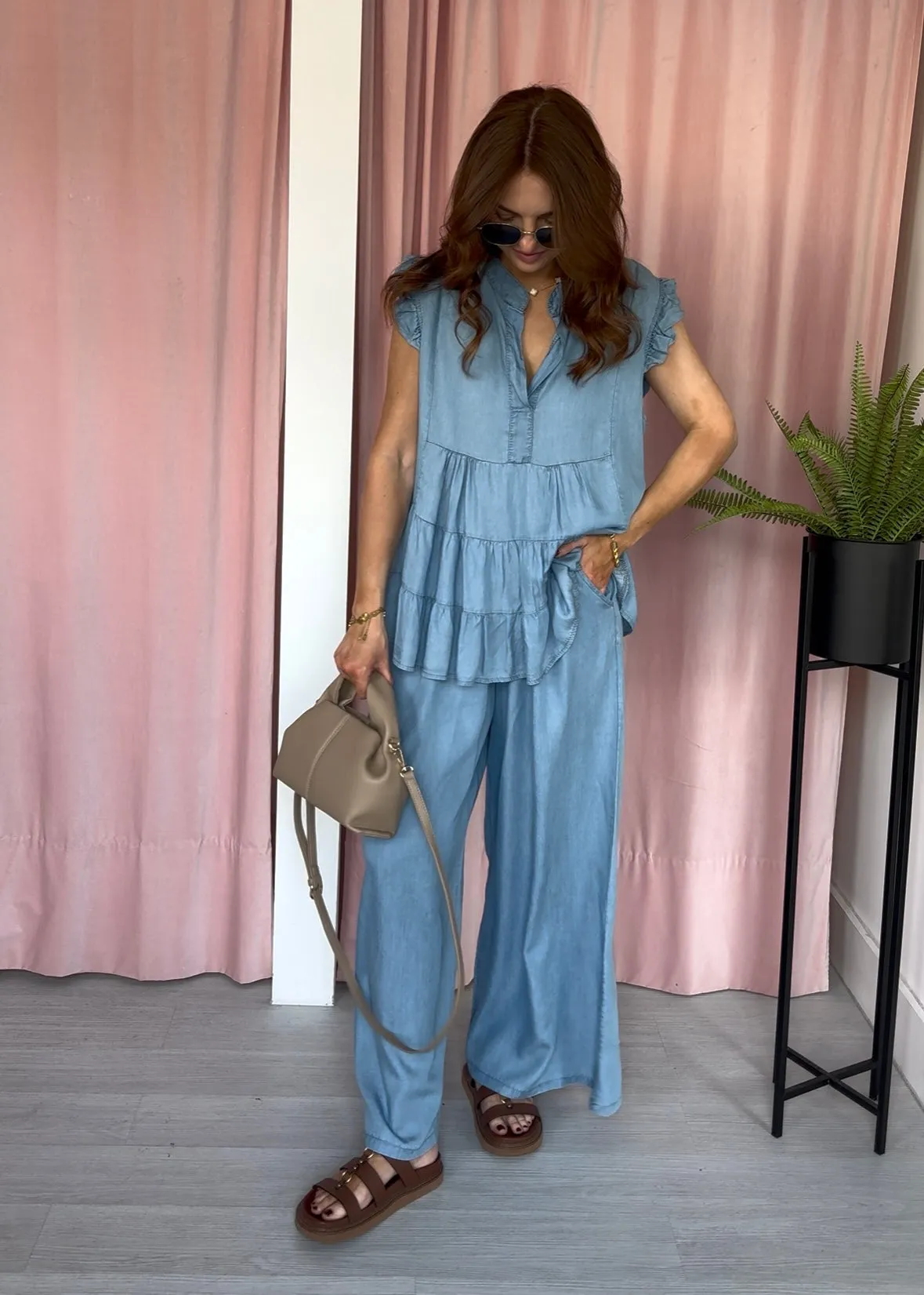 Wide Leg Chambray Denim Trousers - Light Wash