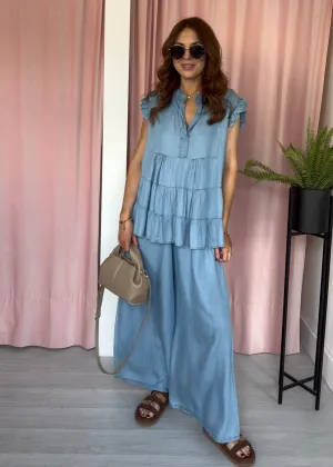 Wide Leg Chambray Denim Trousers - Light Wash
