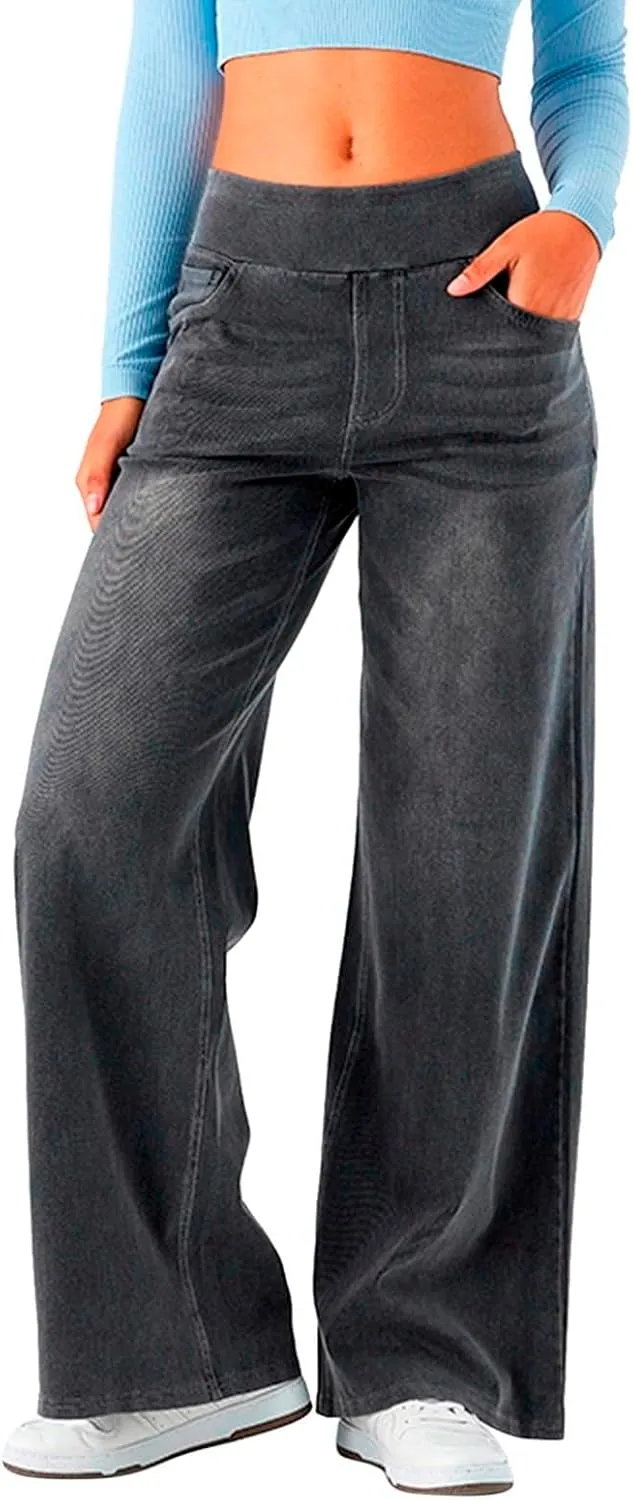 Wide Leg Jeans for Women Elastic High Waisted Trendy Straight Leg Denim Pants Baggy Pull On Jeans for Women