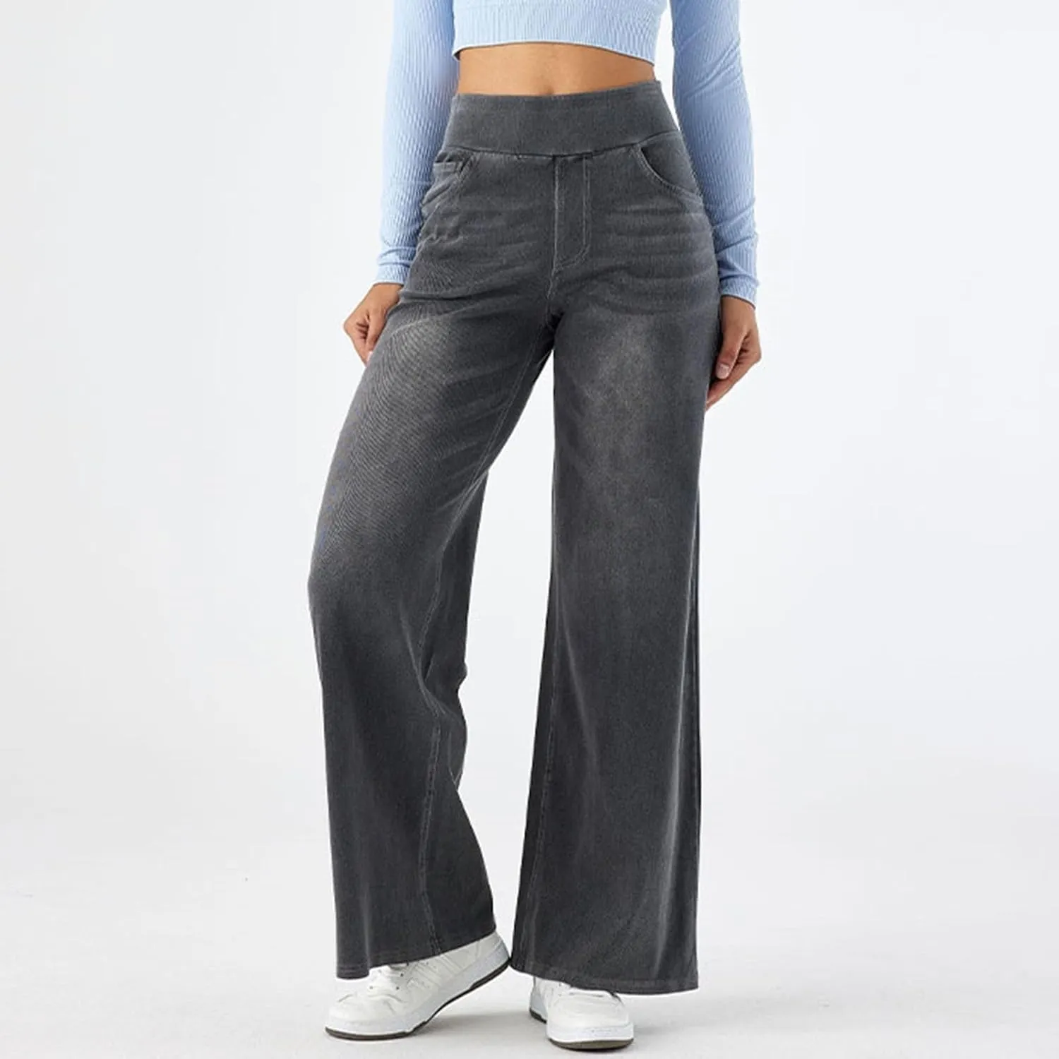 Wide Leg Jeans for Women Elastic High Waisted Trendy Straight Leg Denim Pants Baggy Pull On Jeans for Women