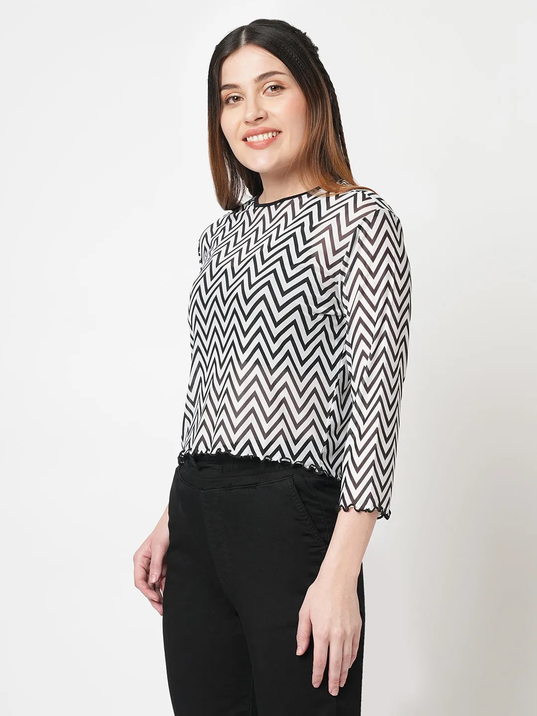 Women Striped Slim Fit Black/White Crop Top
