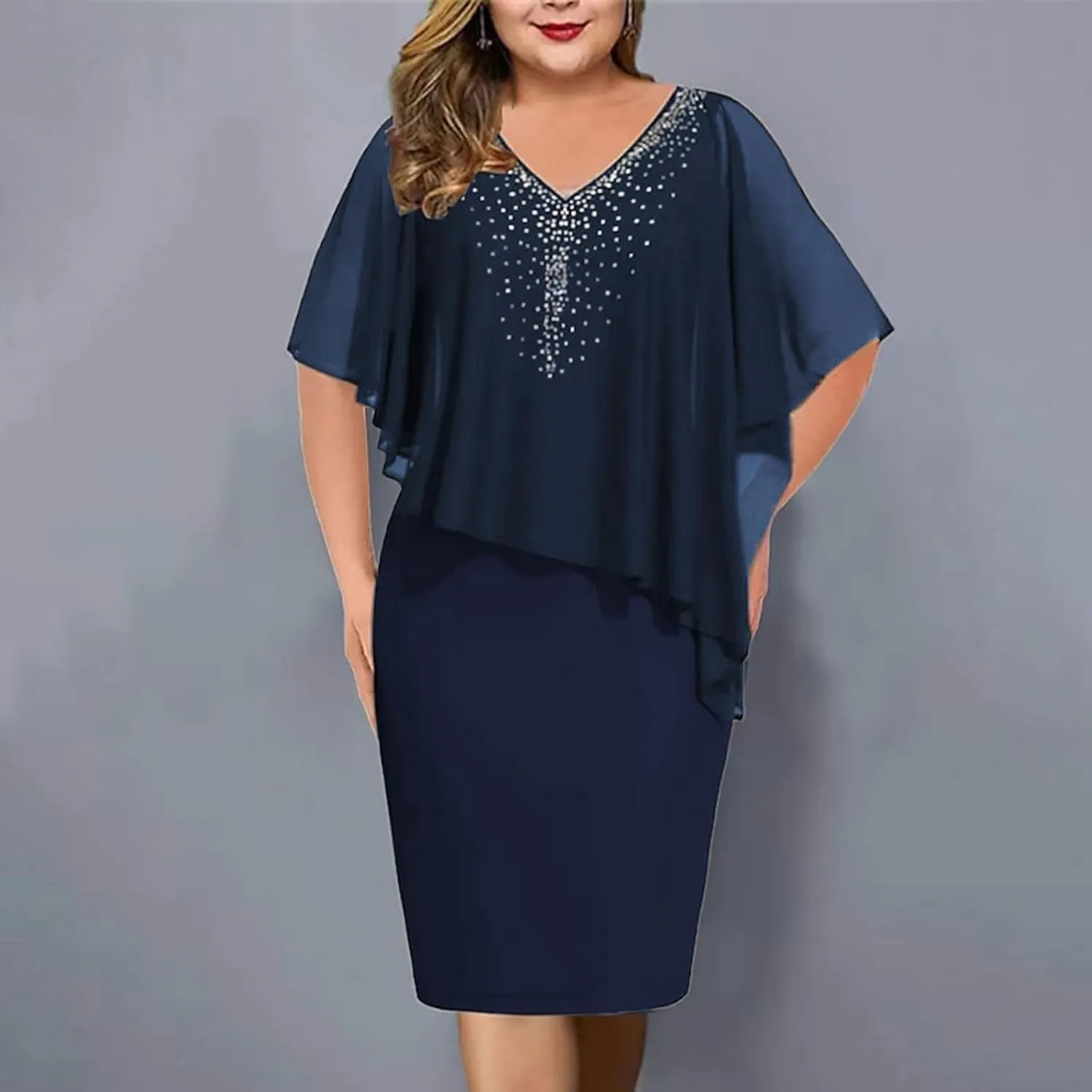 Women's Casual Plus Size Bodycon Dress Sexy V Neck Chiffon Dress Diamond Shawl Dress Cocktail Party Evening Gown