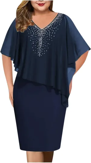 Women's Casual Plus Size Bodycon Dress Sexy V Neck Chiffon Dress Diamond Shawl Dress Cocktail Party Evening Gown