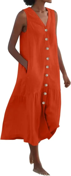 Women's Casual Summer Dresses V Neck Sleeveless Solid Color Button Down Casual Swing Beach Dress, S-2XL