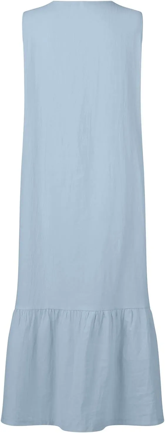 Women's Casual Summer Dresses V Neck Sleeveless Solid Color Button Down Casual Swing Beach Dress, S-2XL