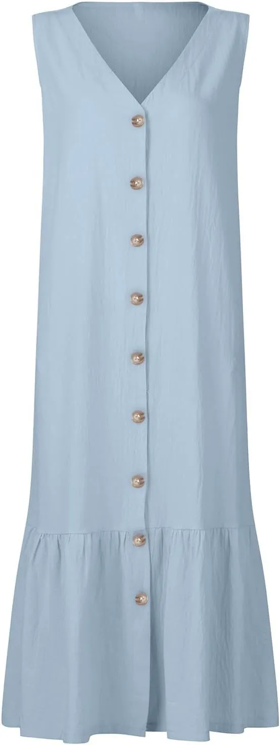Women's Casual Summer Dresses V Neck Sleeveless Solid Color Button Down Casual Swing Beach Dress, S-2XL