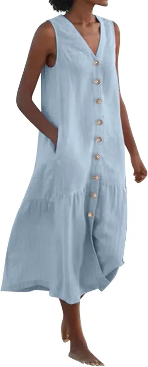 Women's Casual Summer Dresses V Neck Sleeveless Solid Color Button Down Casual Swing Beach Dress, S-2XL