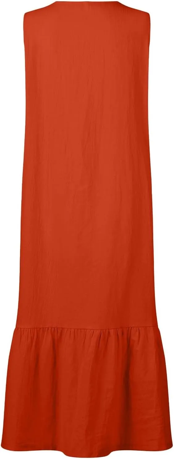 Women's Casual Summer Dresses V Neck Sleeveless Solid Color Button Down Casual Swing Beach Dress, S-2XL