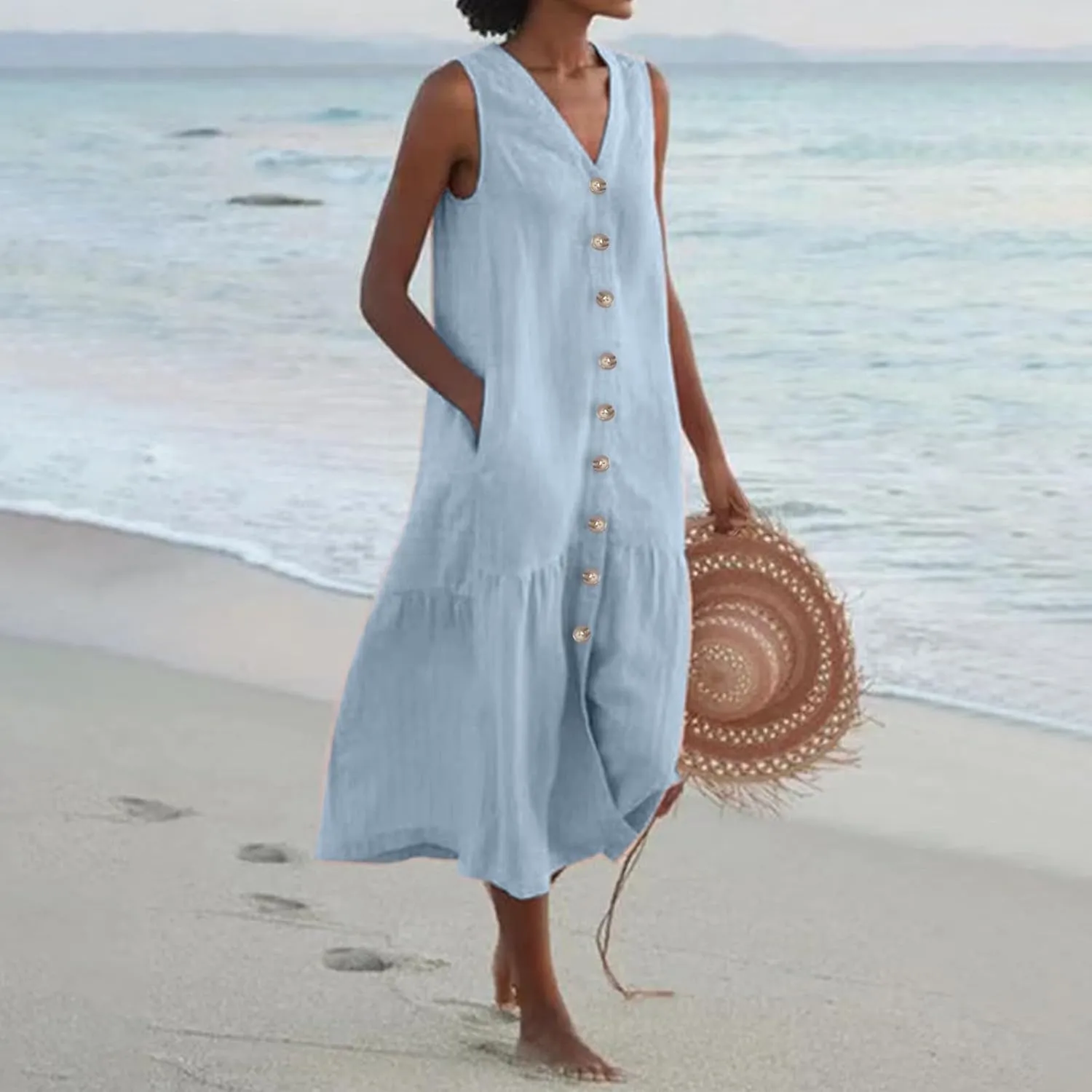 Women's Casual Summer Dresses V Neck Sleeveless Solid Color Button Down Casual Swing Beach Dress, S-2XL