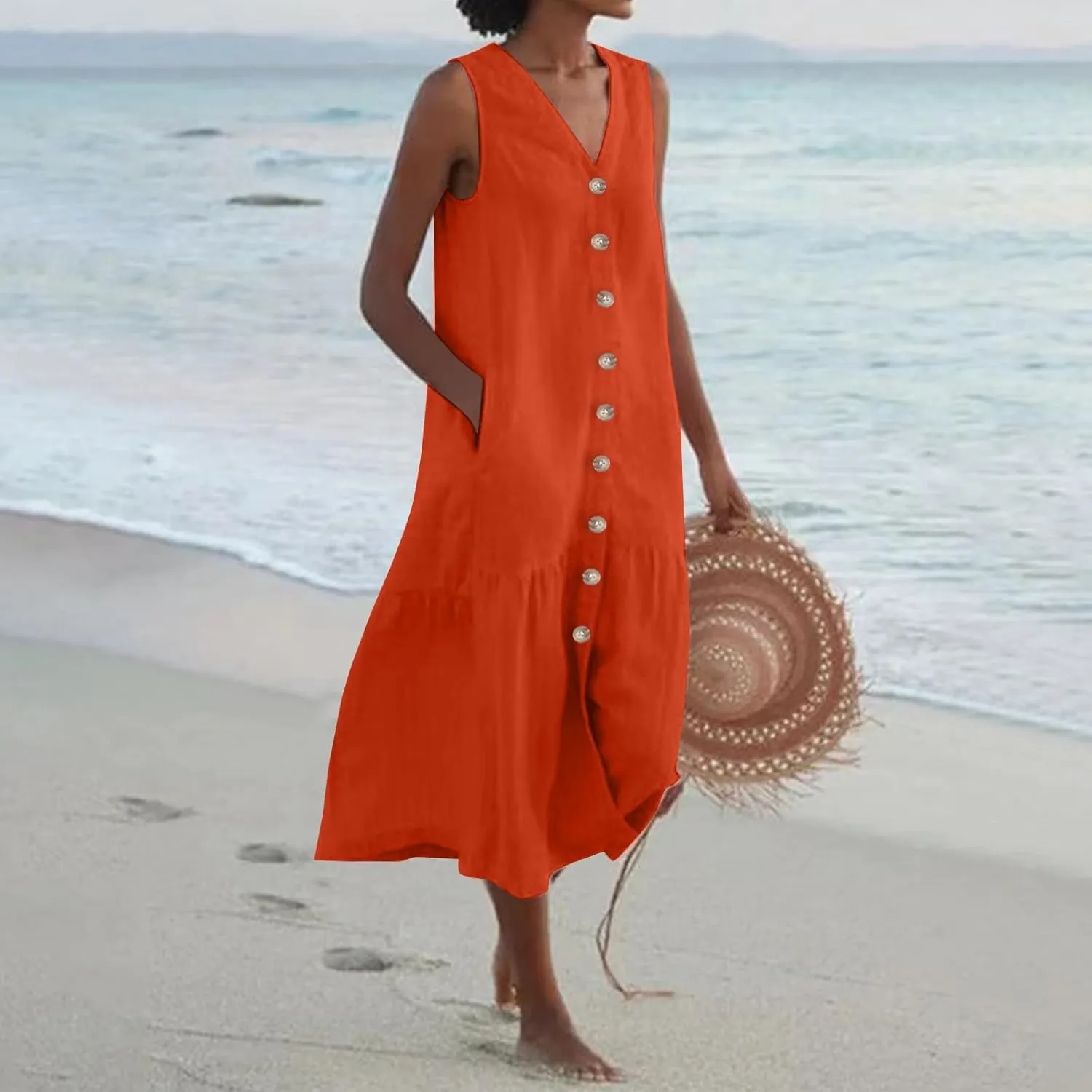 Women's Casual Summer Dresses V Neck Sleeveless Solid Color Button Down Casual Swing Beach Dress, S-2XL