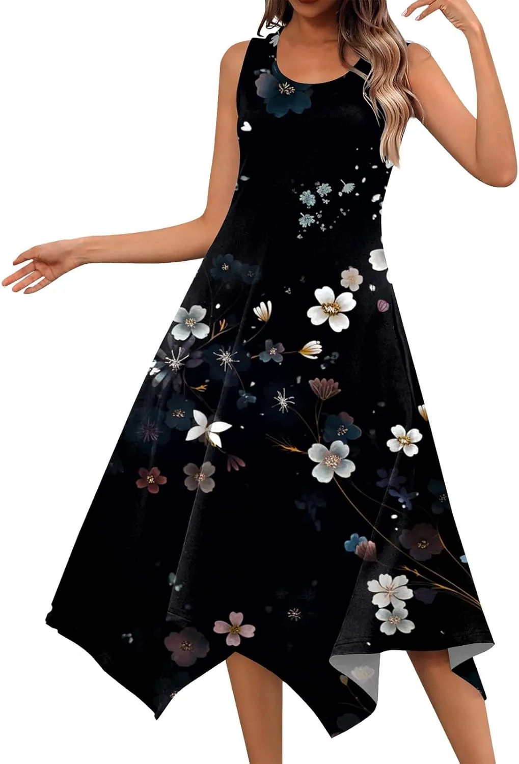 Women's Long Dresses Boho Sleeveless Dresses Summer Casual Loose Round Neck Swing Retro Print Irregular Dress