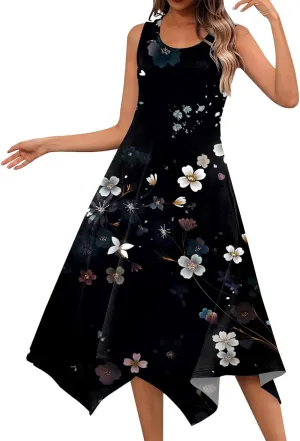 Women's Long Dresses Boho Sleeveless Dresses Summer Casual Loose Round Neck Swing Retro Print Irregular Dress