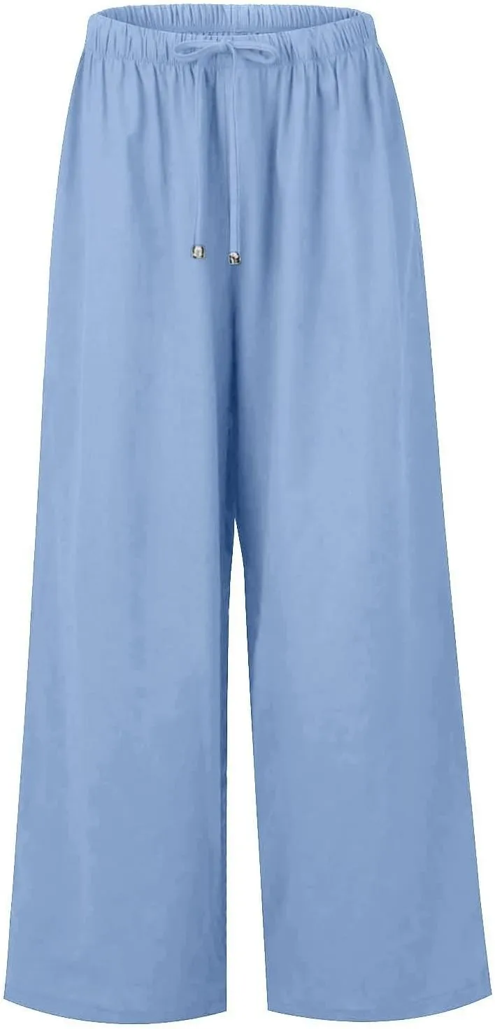 Women's Pants, Linen Pants Wide Leg Straight High Waisted Cotton Summer Lounge