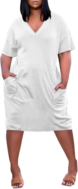 Women's Plus Size Summer Dresses 2024 V Neck Short Sleeve Knee Length Dress for Women with Pockets,S-5XL