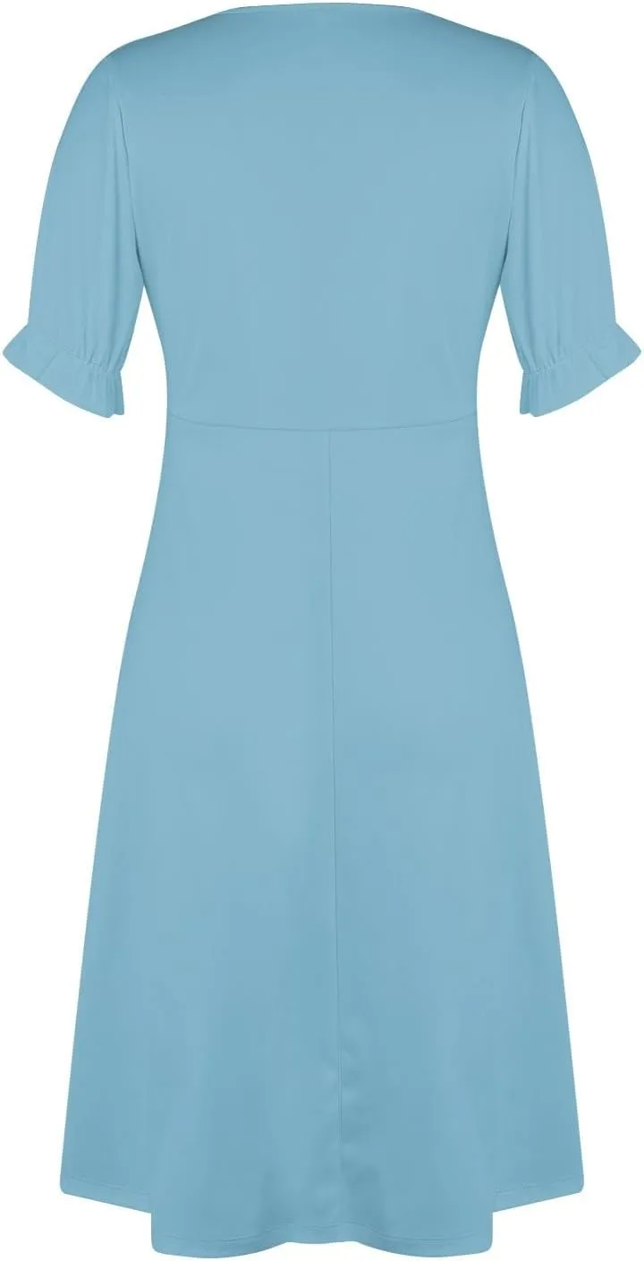 Womens Short Sleeve V-Neck Summer Casual Print Fit and Flare Dress for Wedding Guest Church with Elegant Style