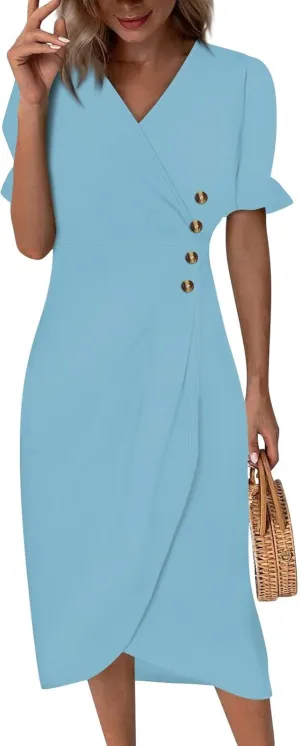 Womens Short Sleeve V-Neck Summer Casual Print Fit and Flare Dress for Wedding Guest Church with Elegant Style