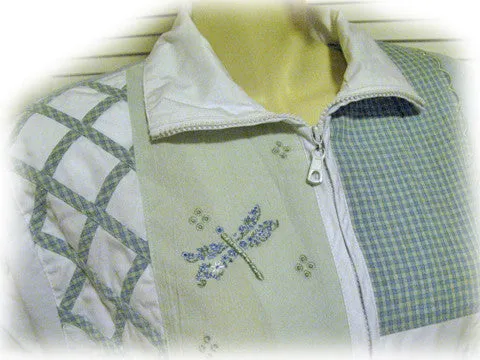 Womens Tops WHITE Blue Green Long Sleeve Floral Flowers Patch Collared Zippered JACKET Women Medium M