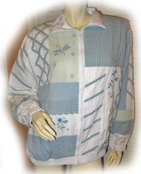Womens Tops WHITE Blue Green Long Sleeve Floral Flowers Patch Collared Zippered JACKET Women Medium M